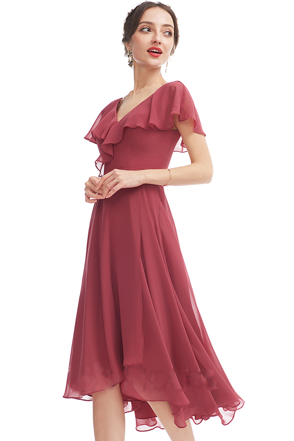 V-Neck Short Sleeve Ruffles Bridesmaid Dress