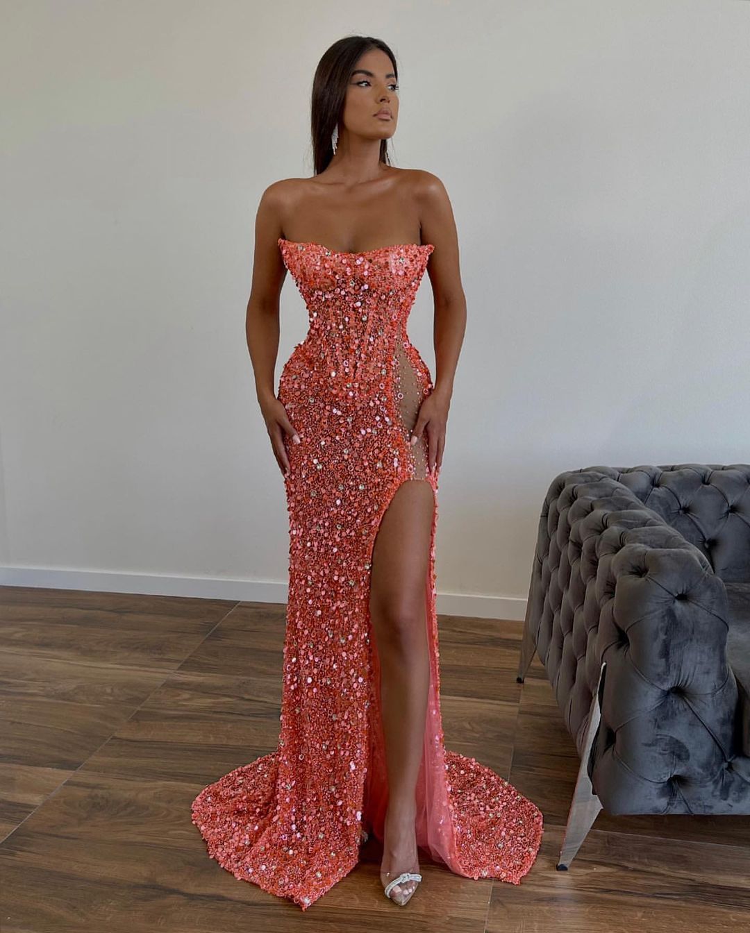 Shining Emerald Sleeveless Sequins Strapless Evening Dress