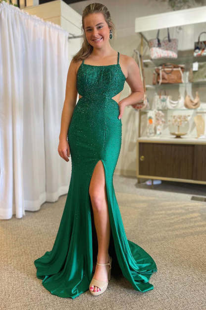 Dark Green Mermaid Prom Dress with Spaghetti Straps Cut Outs and Beading