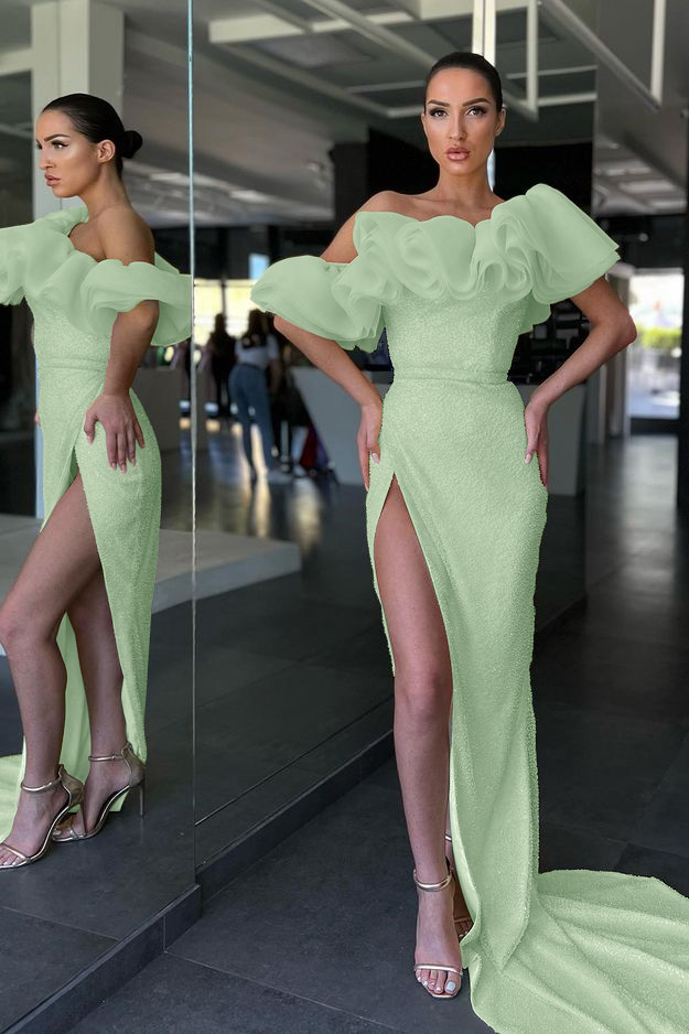 Daffodil Off-The-Shoulder Split Mermaid Evening Dress Sequins