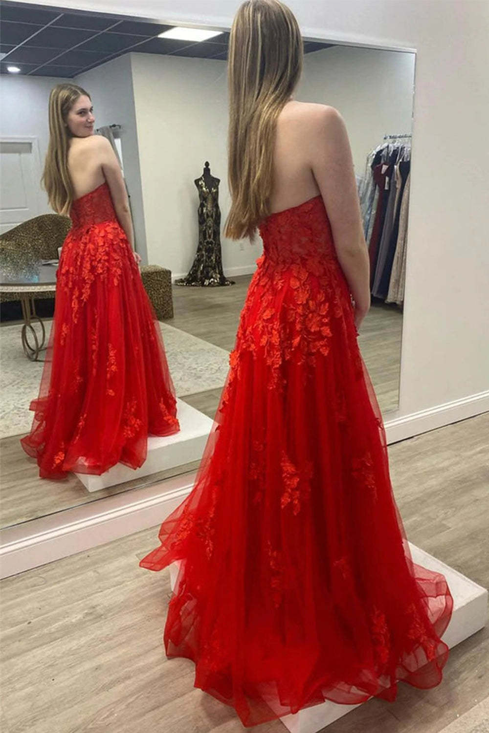 Long Red Prom Dress with Sweetheart Neckline and Appliques