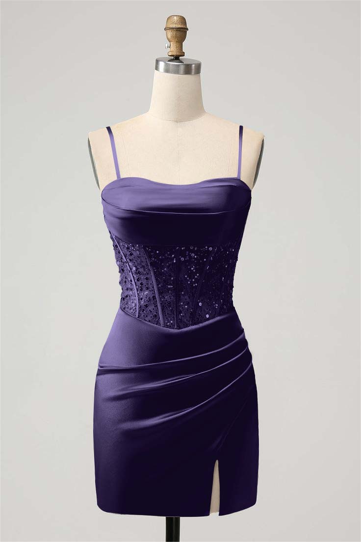 Green Sequins Spaghetti-Straps Short Mini cocktail Dress