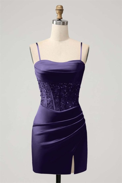 Green Sequins Spaghetti-Straps Short Mini cocktail Dress