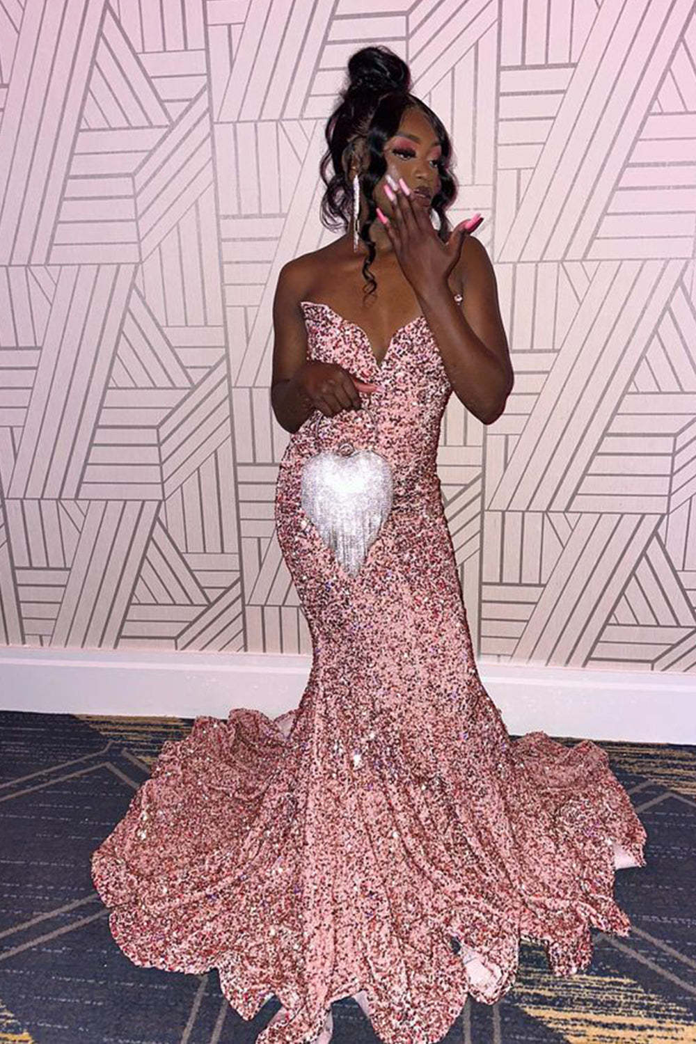 Pink Sequined Long Prom Dress with Mermaid Sweetheart Neckline