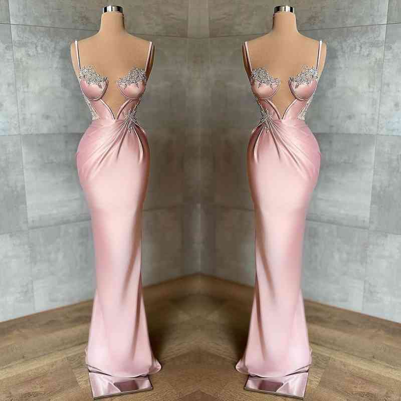 Sexy Dusty Pink Spaghetti Straps Deep V Neck Mermaid Evening Dress With Chic Appliques