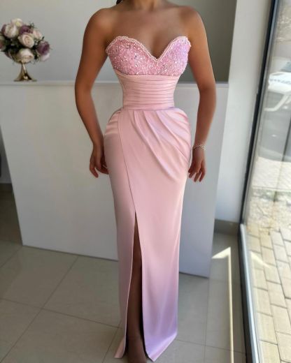 Sweetheart Sleeveless Light Blue Formal Dress Front Split With Beads