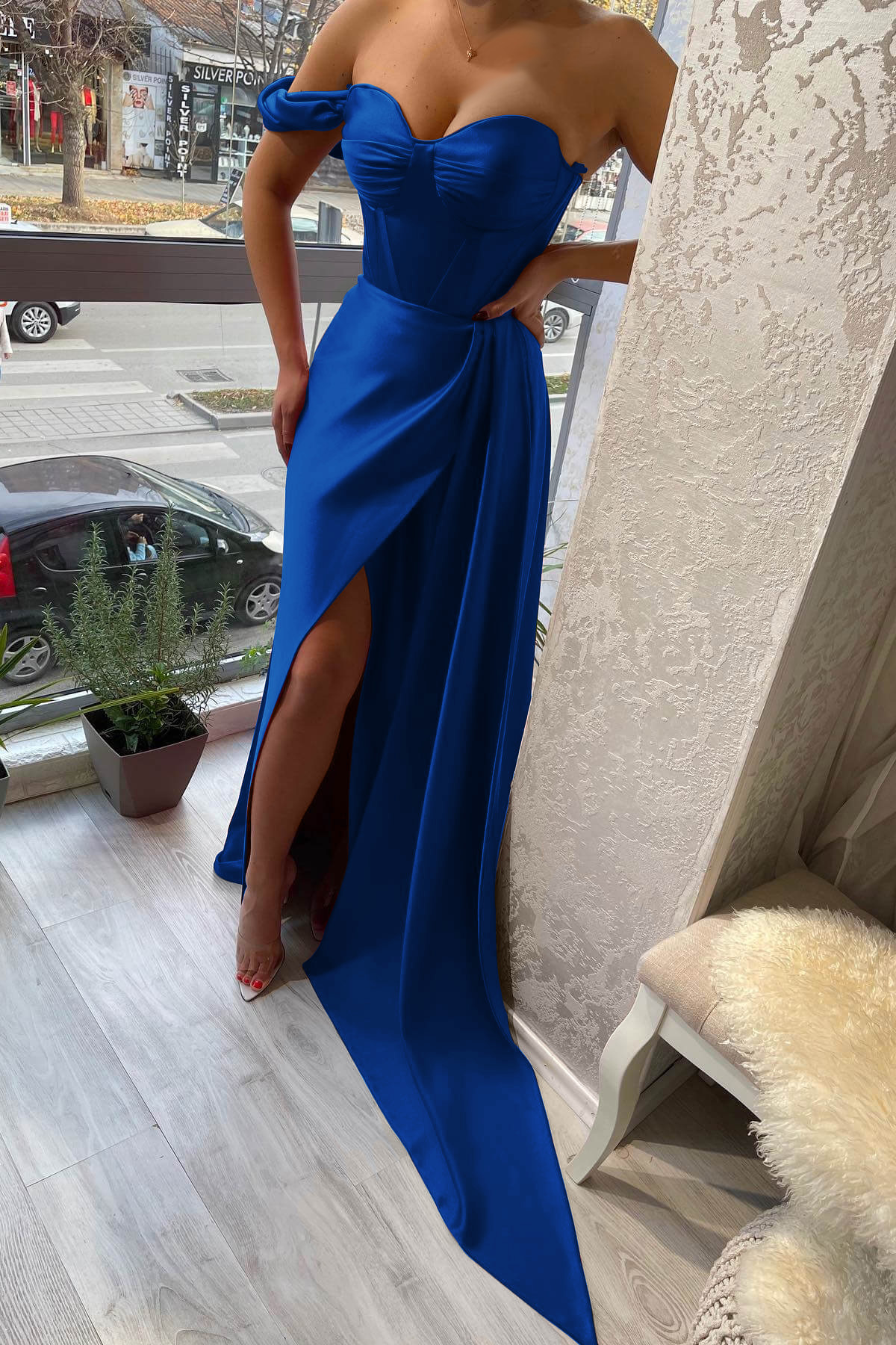 Classic One Shoulder Slit Strapless Sweetheart Evening Dress With Ruffle