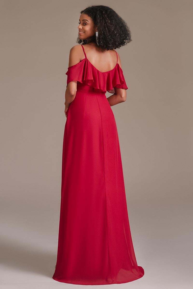Red Chiffon Spaghetti-Straps Bridesmaid Dress with Ruffles