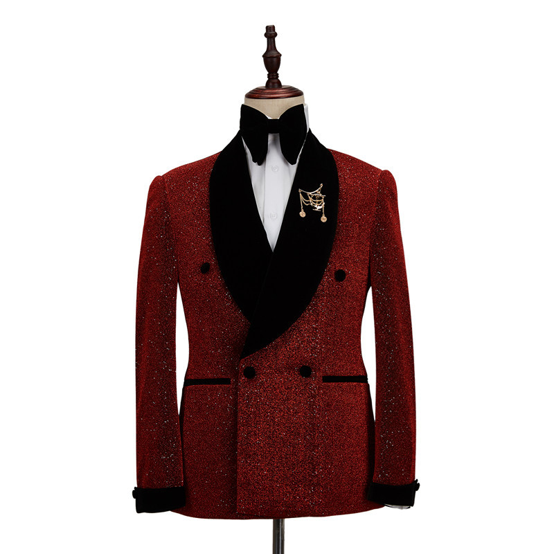 Fabulous Red Double-Breasted with Black Shawl Lapel Wedding Suit for Men