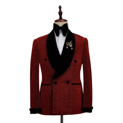 Fabulous Red Double-Breasted with Black Shawl Lapel Wedding Suit for Men