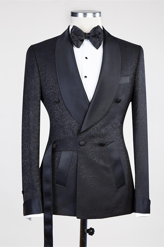 Black Shawl Lapel Double-Breasted Jacquard Wedding Suit