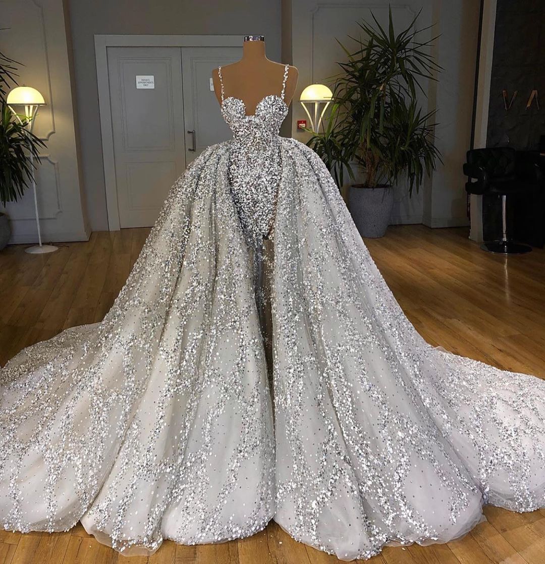 Gorgeous Sequins Mermaid Sweetheart Wedding Dress with Ruffles Train