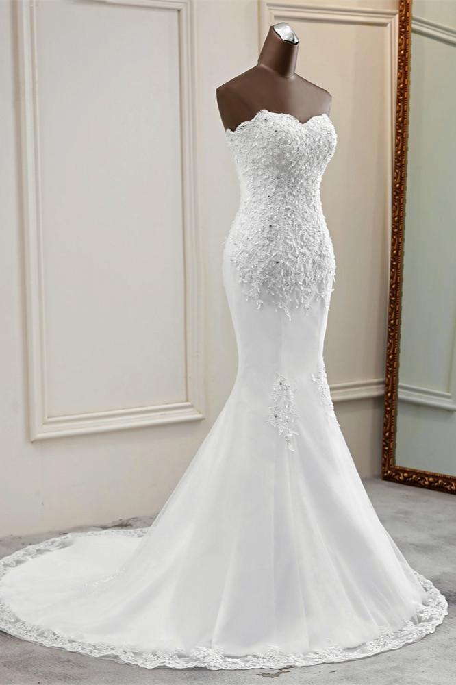 Chic Long Mermaid Strapless Lace Appliques Wedding Dress with Beadings