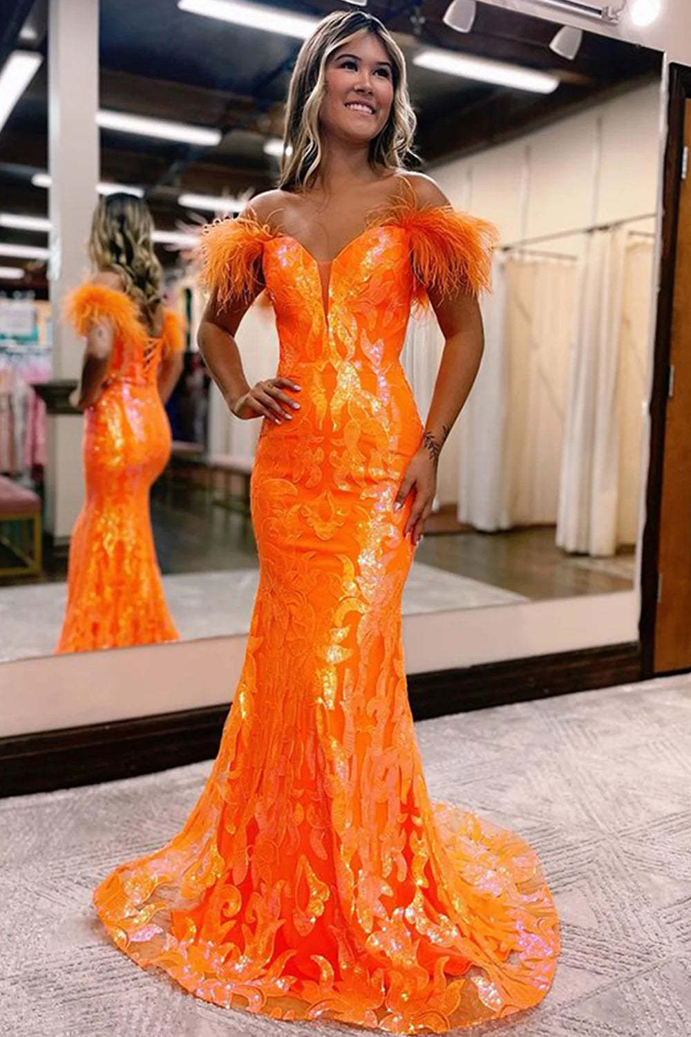 Orange Long Prom Dress with Feathers in a Mermaid Off-the-Shoulder Style