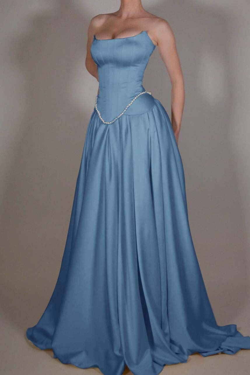 Strapless Sleeveless Long A Line Formal Dress With Pleated Beading