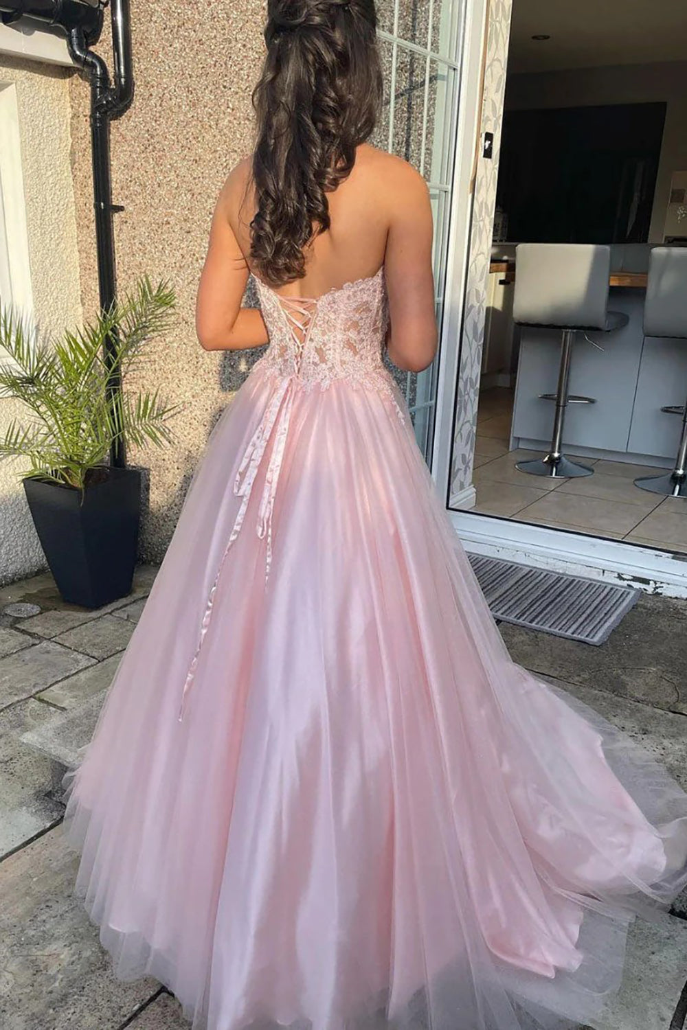 Sweetheart Pink Corset Prom Dress with Appliques in A-Line Style
