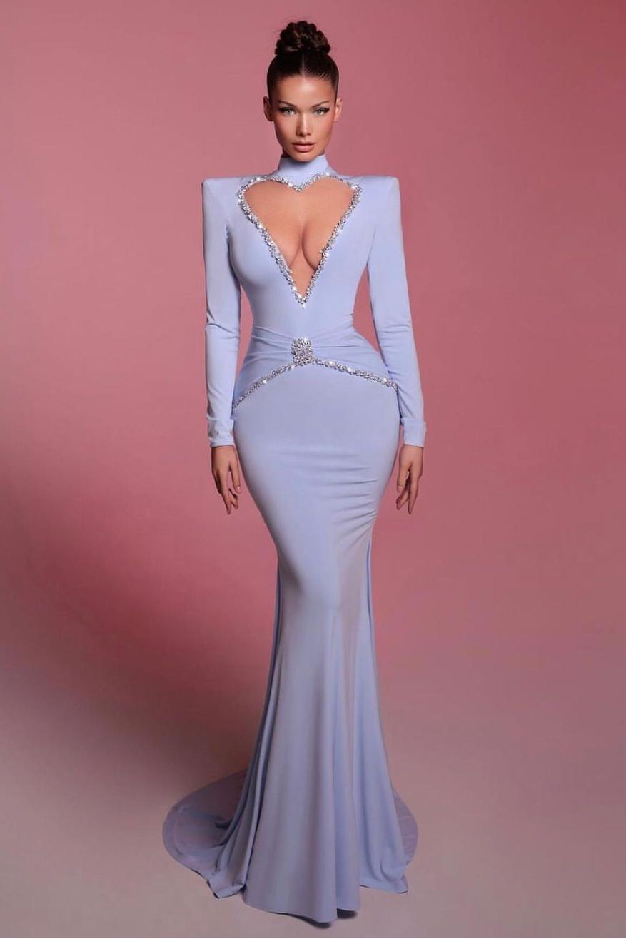 Stunning Blue Long Sleeves High Neck Slim Mermaid Prom Dress With Beadings