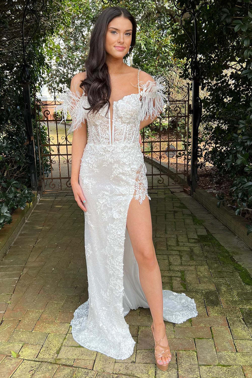 Mermaid Prom Dress with Lavender Appliques and Feathers