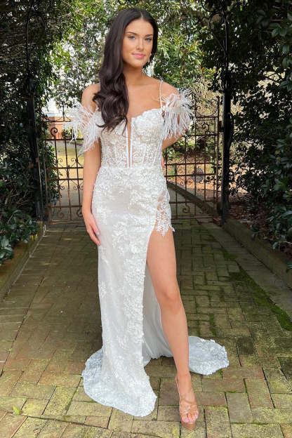 Mermaid Prom Dress with Lavender Appliques and Feathers