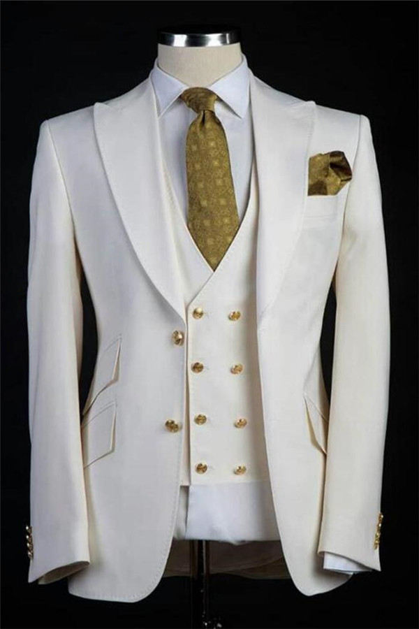 Popular White Gold Buttons Three-Piece Wedding Suits for Men