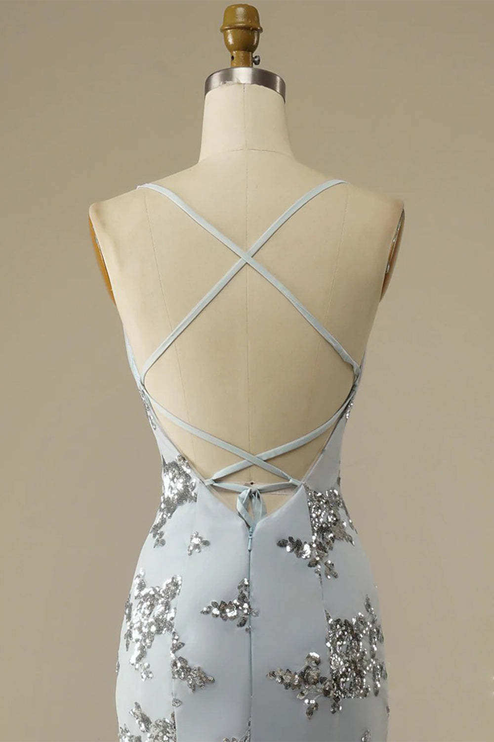 Prom Dress with Spaghetti Straps and Beaded Backless Design
