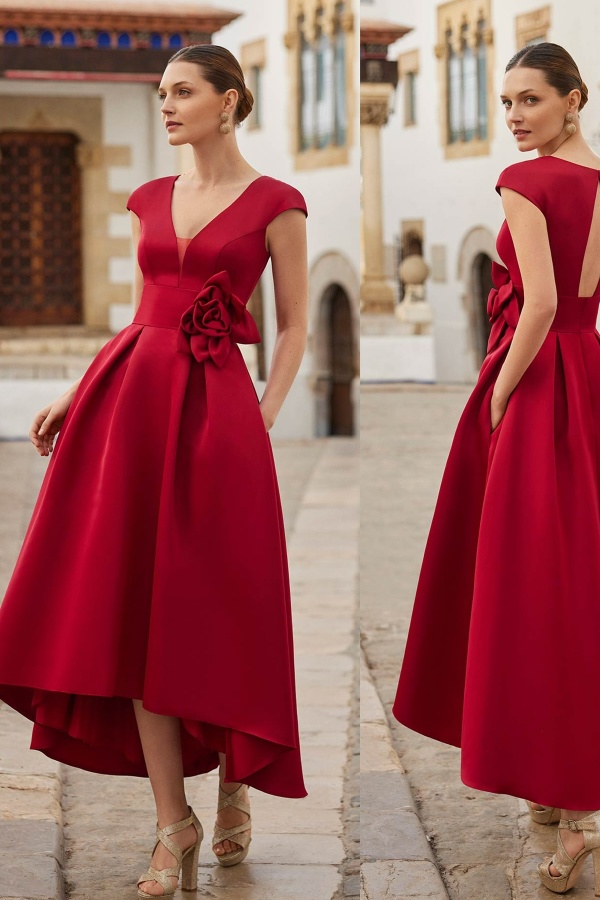 Red Flower Short Ankle Length Prom Dress
