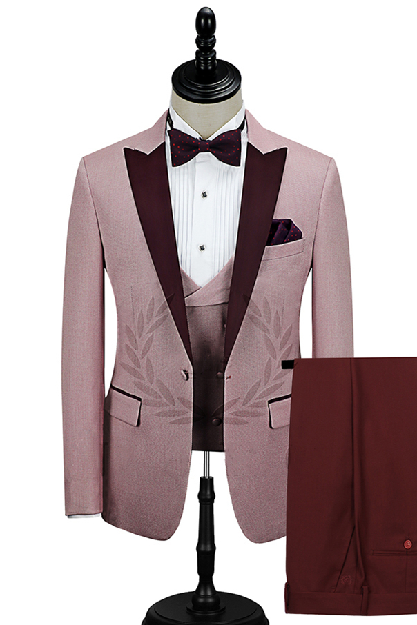 Glamorous Pink One-Button with Burgundy Peak Lapel Wedding Suit for Men
