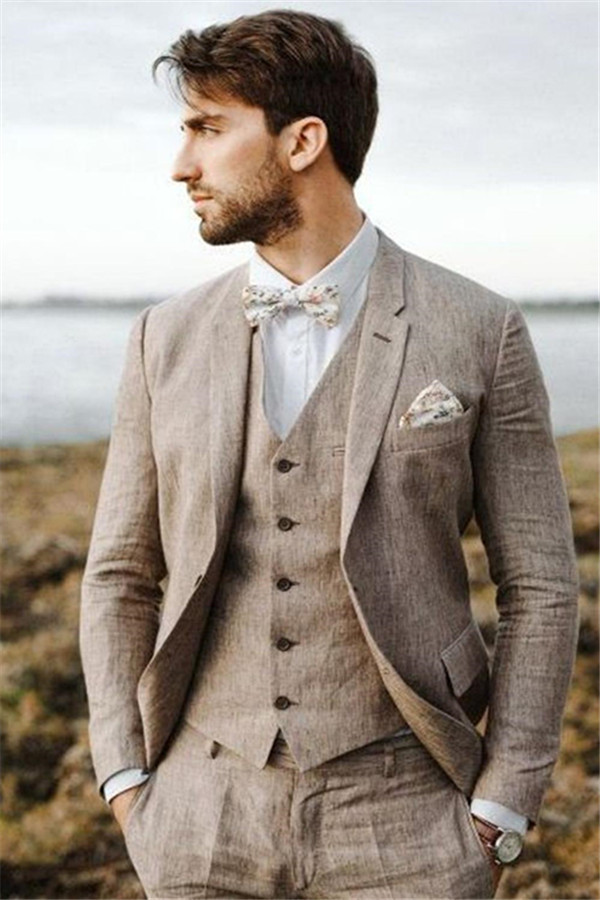 Classic Khaki Linen Summer Beach Men's Suits Three-Piece Groom Wedding Tuxedos