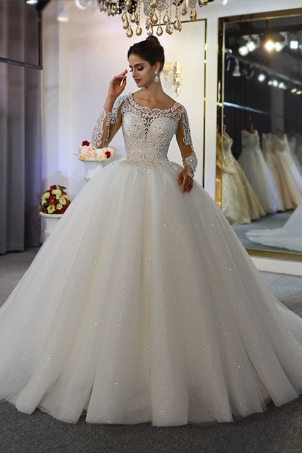 Beautiful Bateau Long Sleeves Floor-Length A-Line Wedding Dress with Appliques Lace Sequins