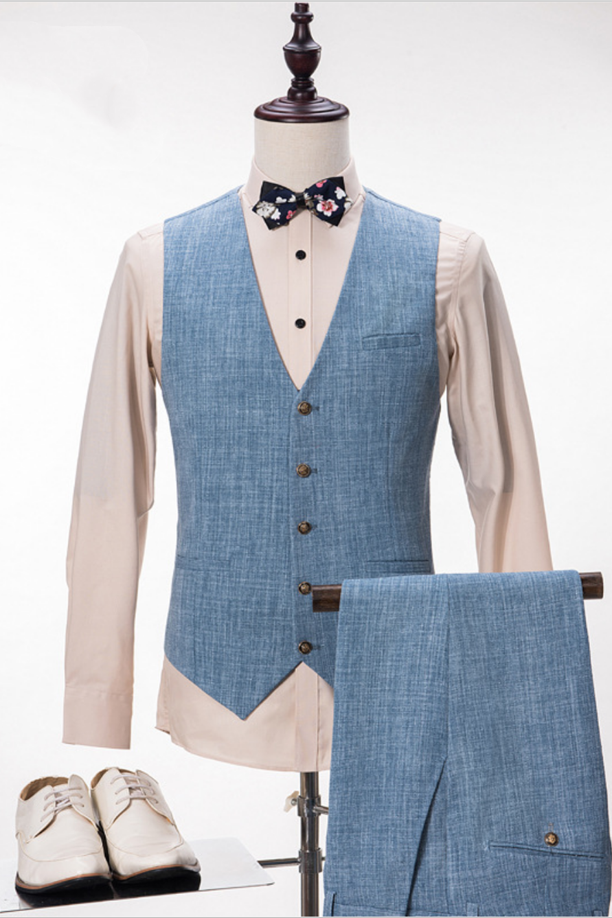 Stylish Blue Linen Peak Lapel Summer Groom and Groomsmen Suits for Wedding
