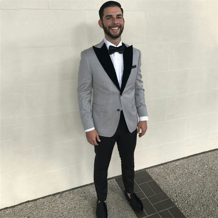 Formal Grey Slim Fit Black Peaked Lapel Business Men's Suits