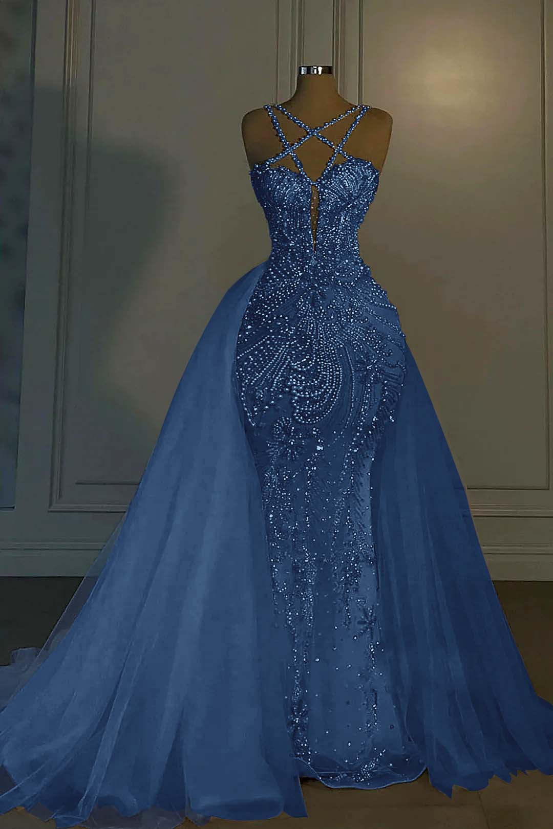 Halter Sleeveless Mermaid Long Formal Dress With Beading Tulle