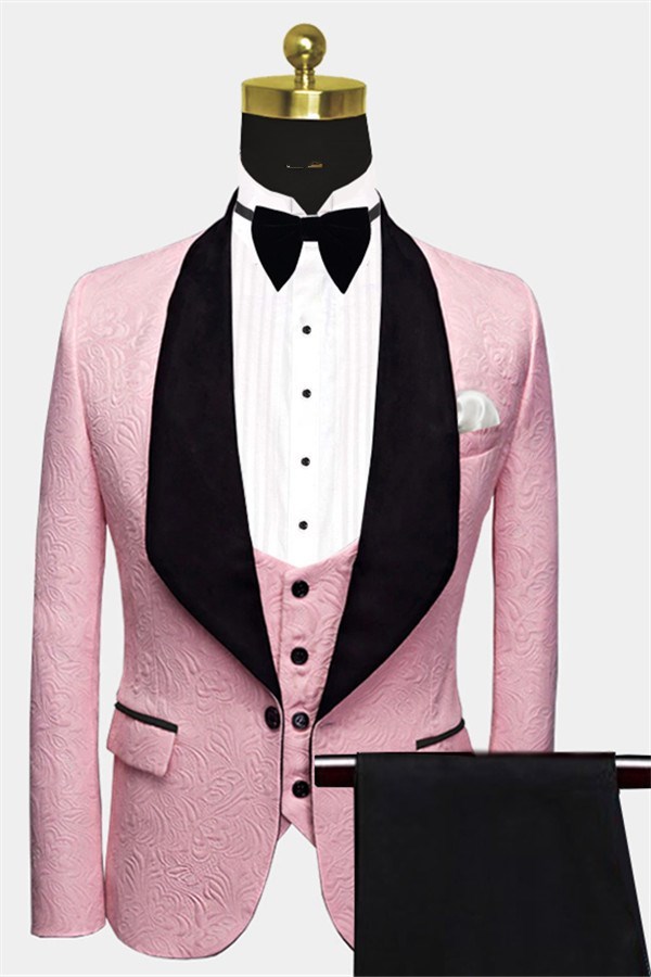 Gorgeous Pink Jacquard Three-Piece Prom Suits Men's Suits with Black Lapel