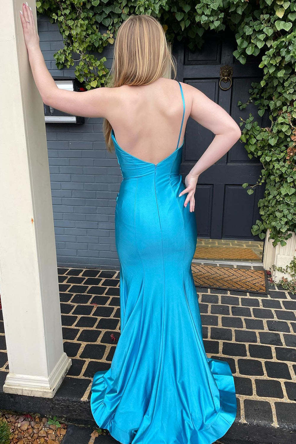 Sky Blue Long Prom Dress with One Shoulder Sheath and Front Split