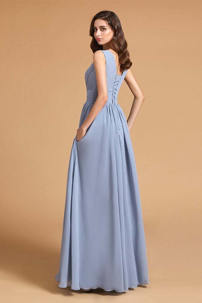 Sleeveless Dusty Blue Bridesmaid Dress with Slit