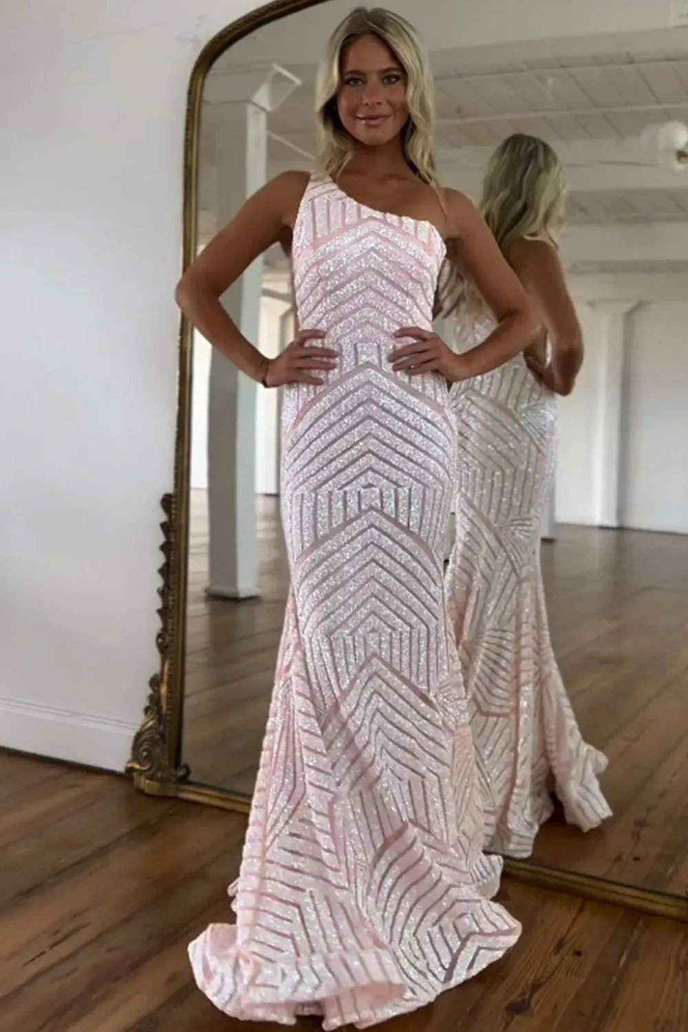Fuchsia One-Shoulder Long Mermaid Prom Dress with Sparkly Sequins
