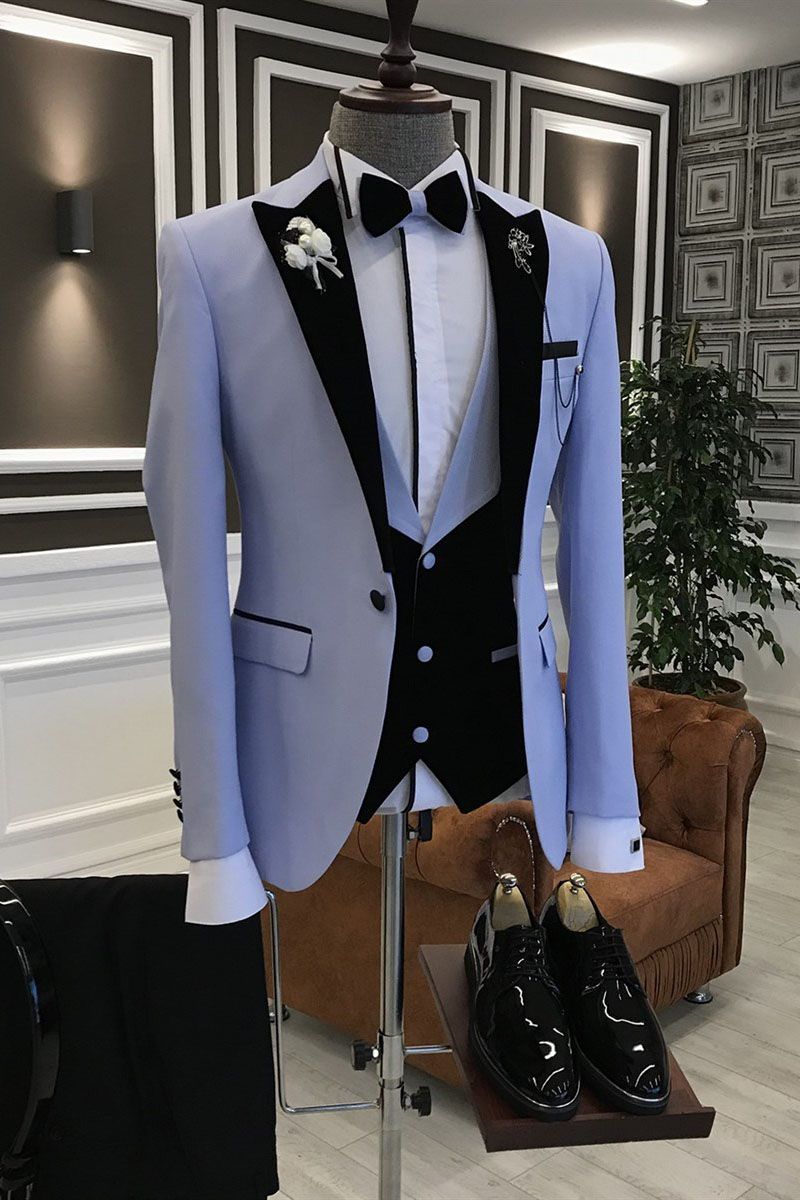 Simple Purple Three-Piece Prince Suit for Guys with Black Peaked Lapel