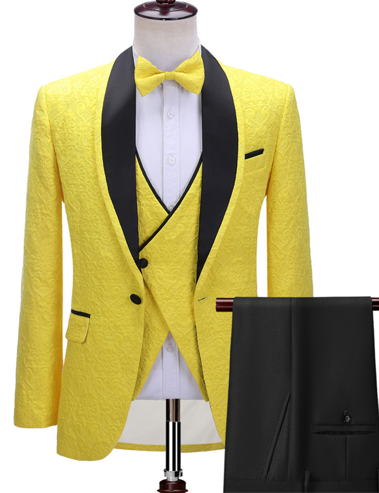Chic Three-Piece Yellow Black Shawl Lapel One-Button Wedding Suit for Men with