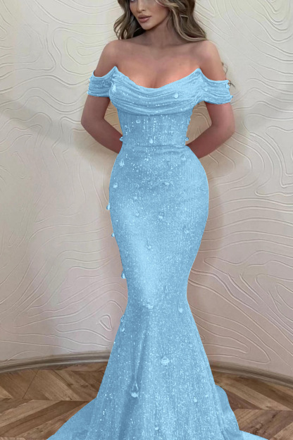 Orange Off the Shoulder Strapless Sleeveless Formal Dress With Sequins Mermaid