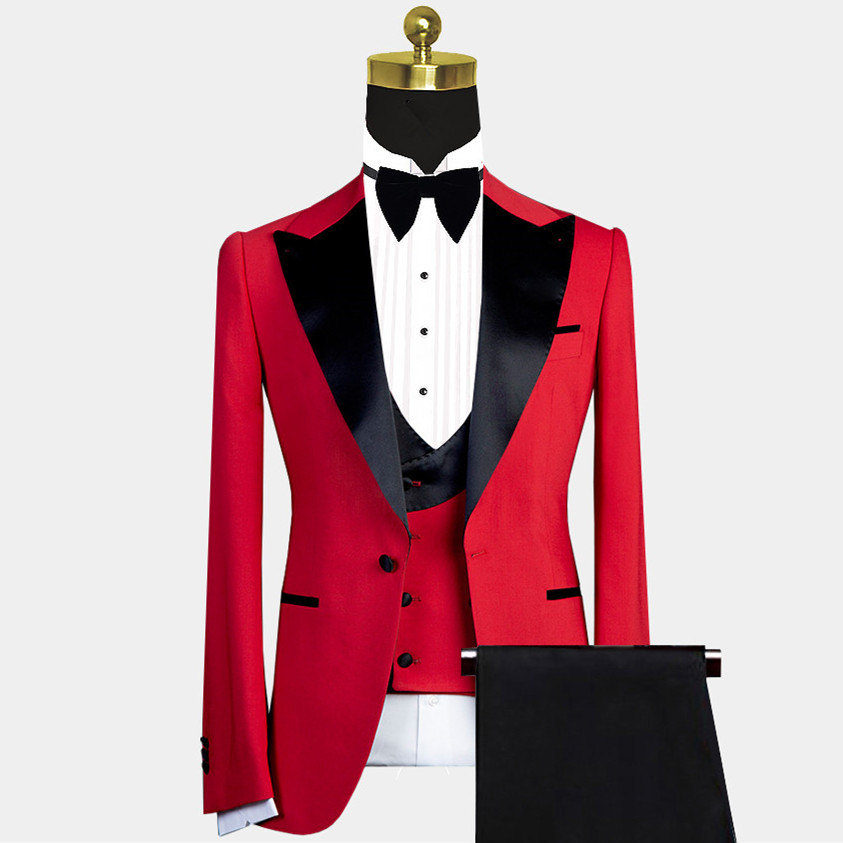 Davis Red Slim Fit Black Lapel Men's Suit with Peaked Lapel