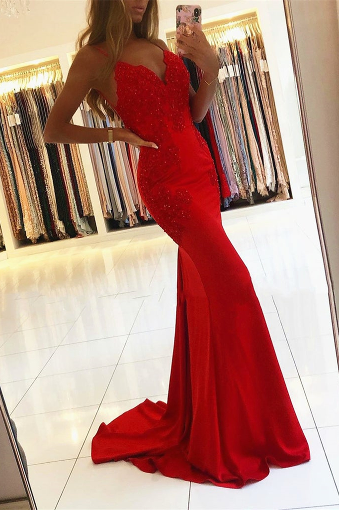 Spaghetti-Straps Red Mermaid Prom Dress With Appliques