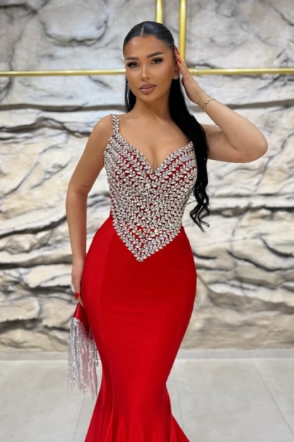 Red Gorgeous Gemstone Mermaid Evening Dress