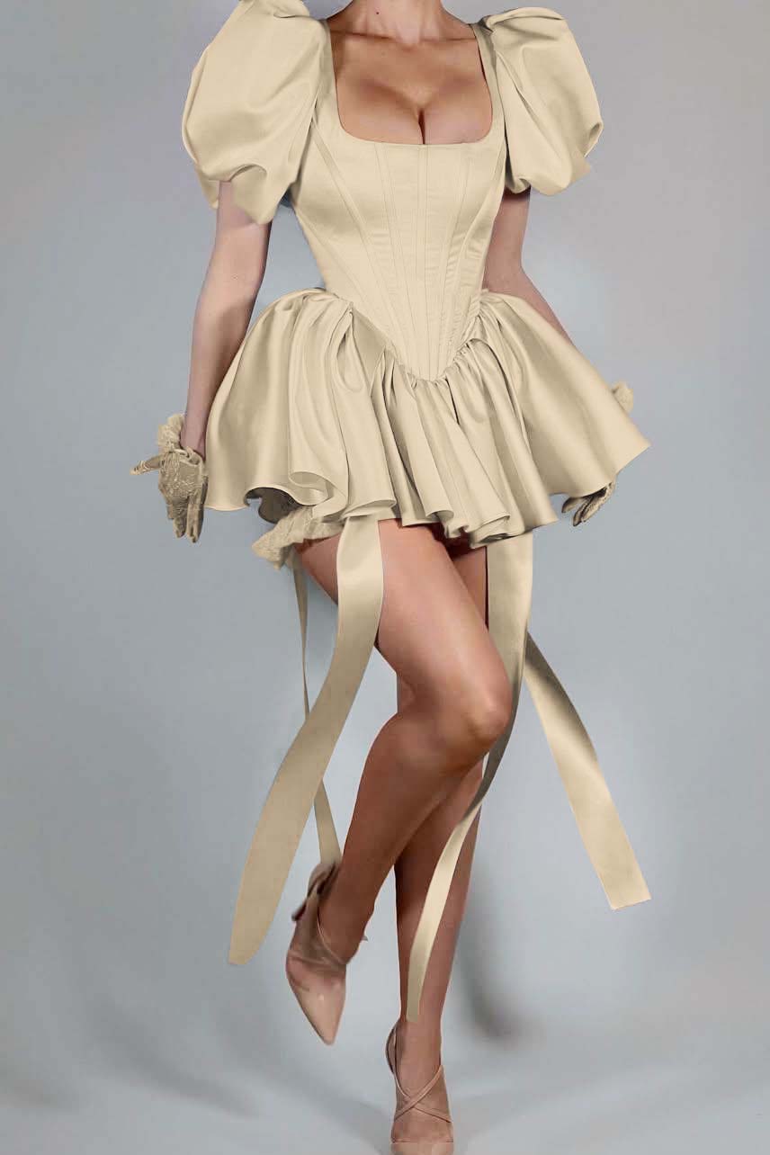 Bubble Sleeves Square Neck Short Formal Dress With Ruffles Pleated