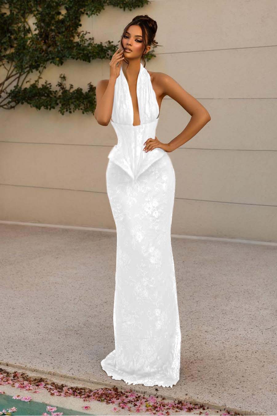 Halter Sleeveless Long Mermaid Formal Dress With Lace Appliques