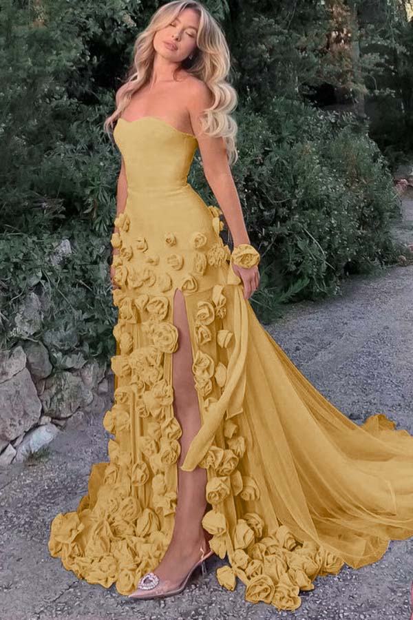 Strapless Sleeveless Long Mermaid Formal Dress With Split Appliques