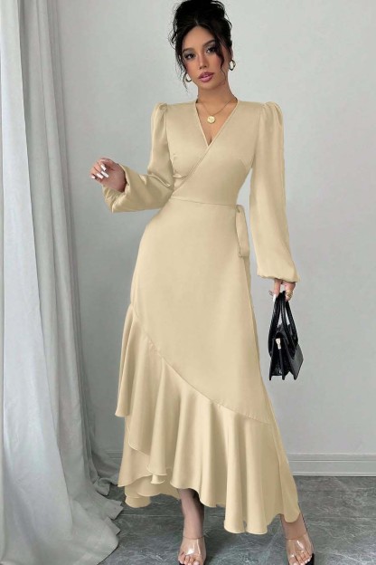 Shinning Long Sleeves V Neck Long Formal Dress With Ruffles Pleated