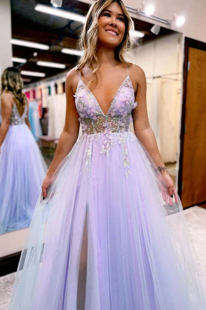 Lilac long prom dress with spaghetti straps and a front split in A-line style