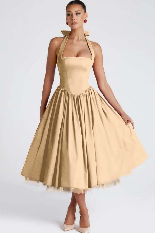 Halter Sleeveless Long A Line Formal Dress With Pleated Tulle