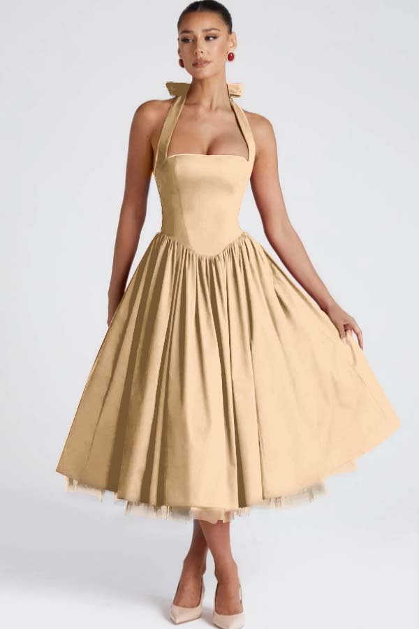 Halter Sleeveless Long A Line Formal Dress With Pleated Tulle