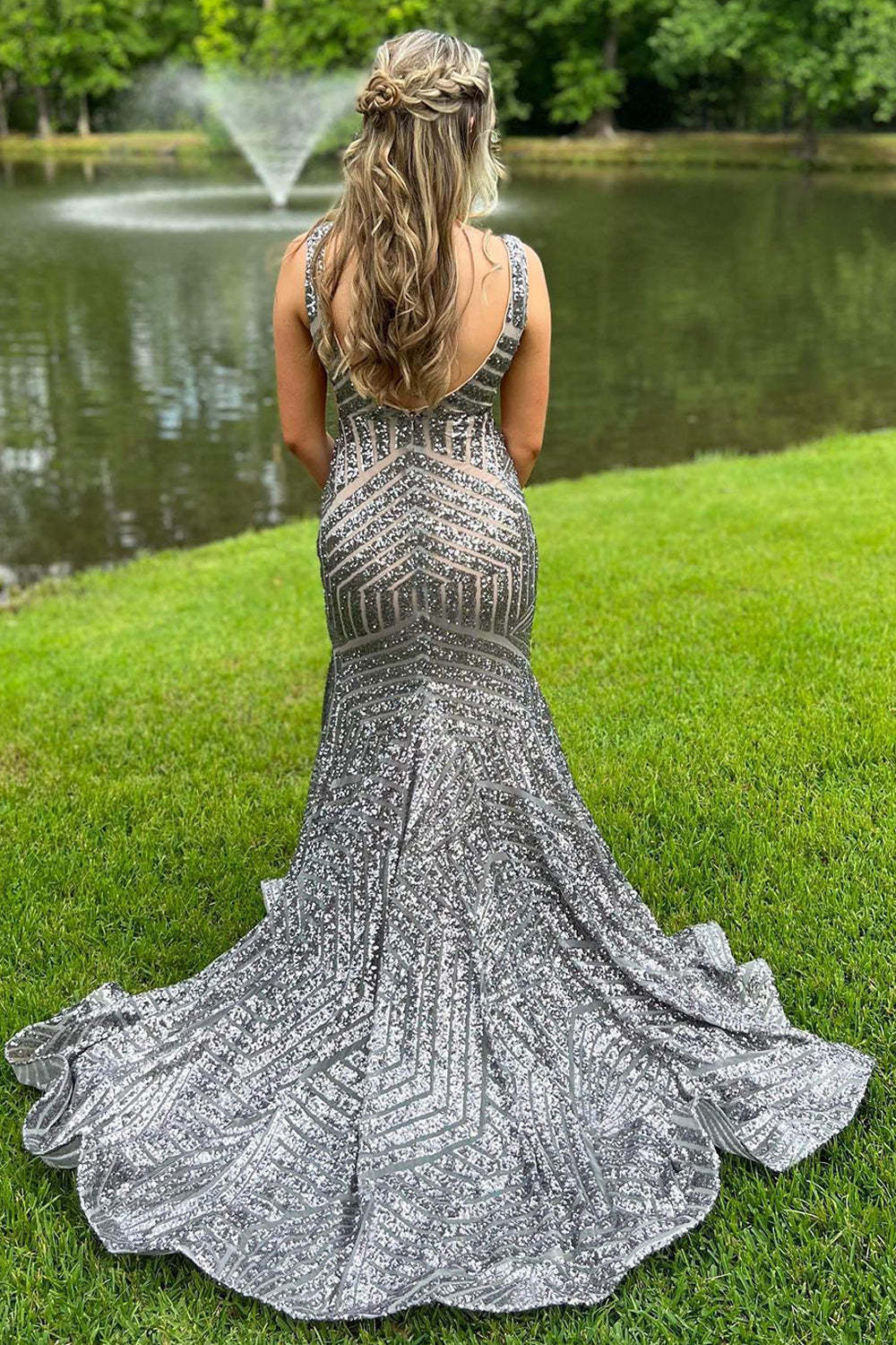 Deep V Neck Sequin Mermaid Prom Dress in Mustard Green
